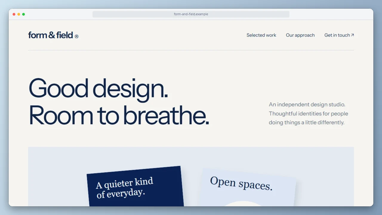 A Form & Field portfolio webpage presented in a clean browser frame, ready to become a scrolling video.